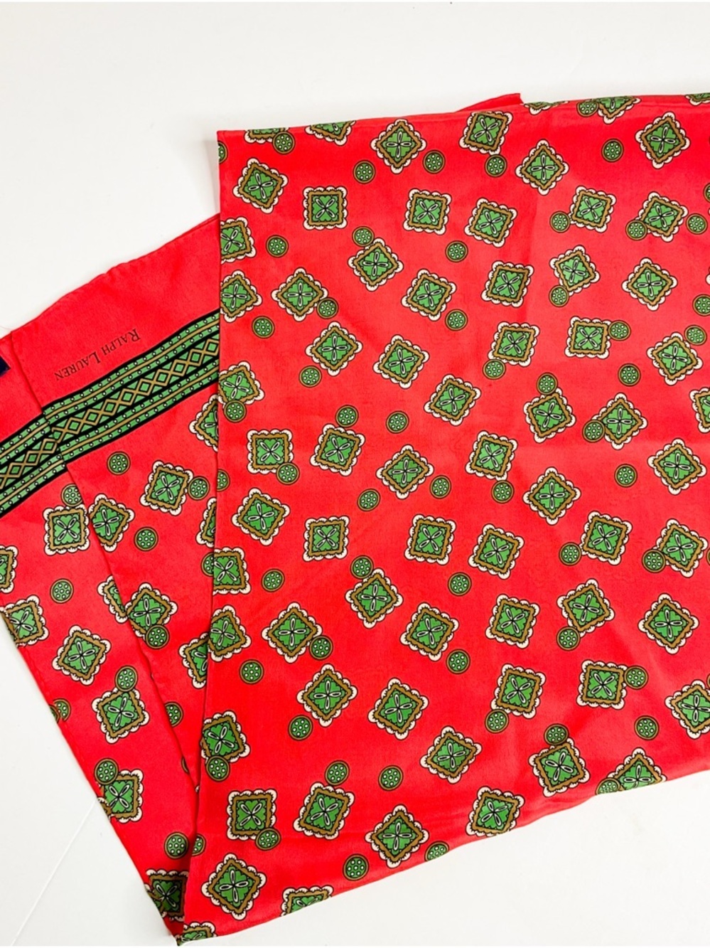 Polo Ralph Lauren Red Silk Scarf Green Geometric - Picture 5 of 5